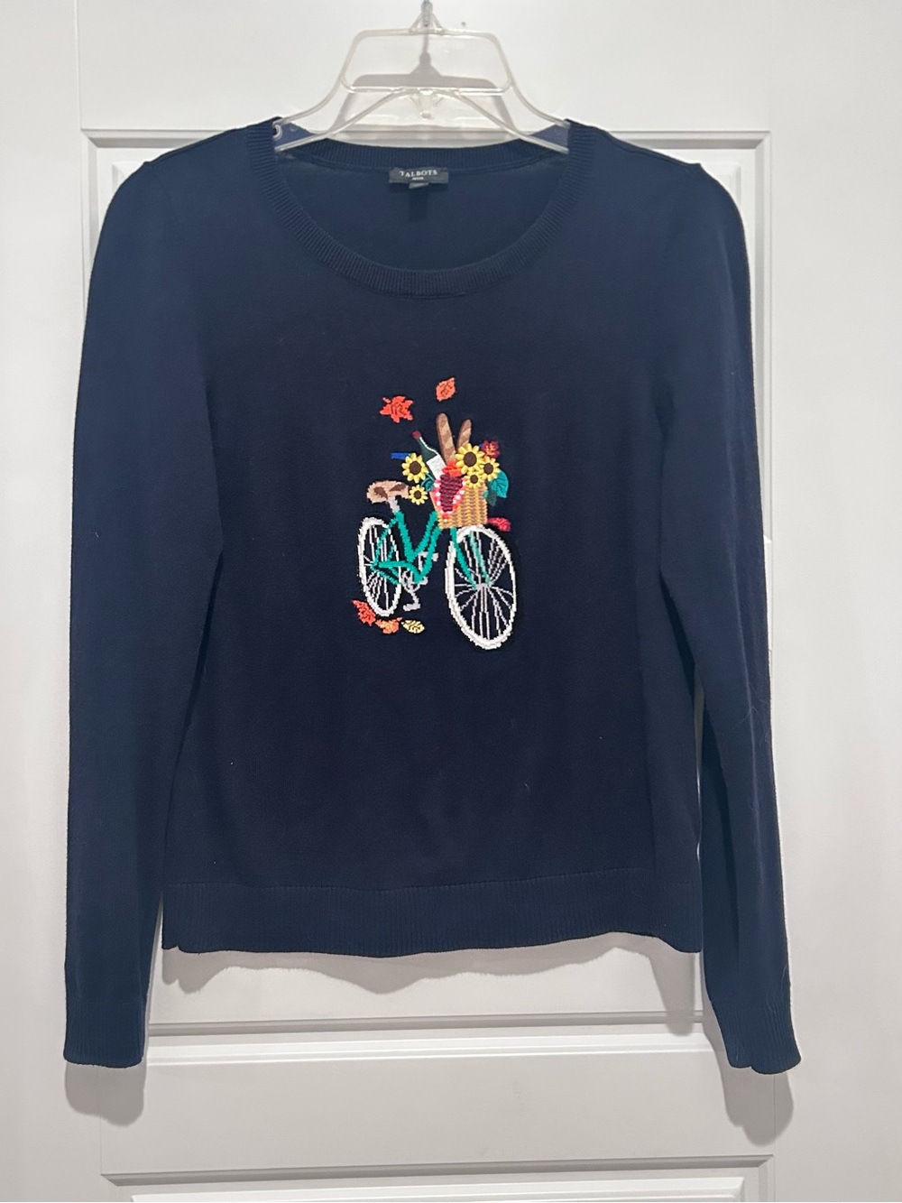Talbots Navy Knit Sweater with Colorful Embroidered Bicycle and Fall motif